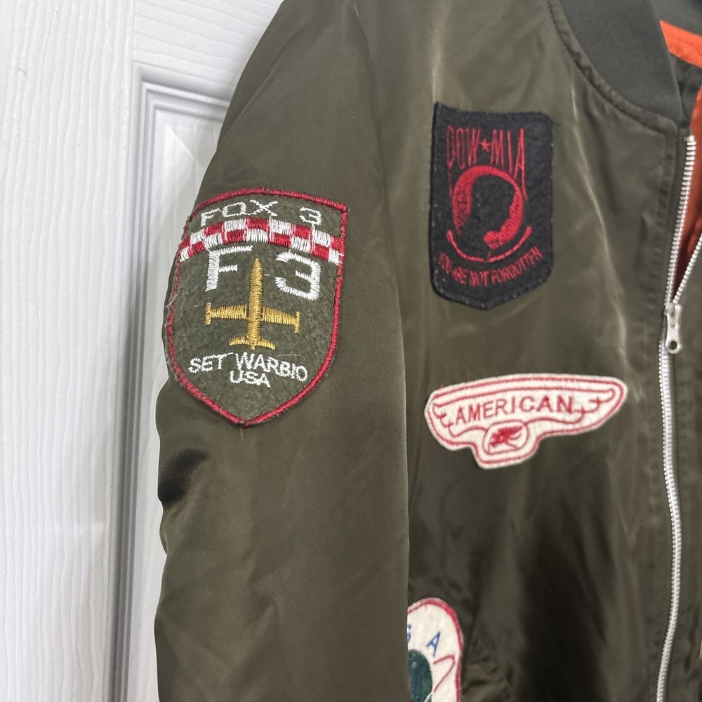 American Stitch Military Bomber Jacket Aviation Patches Ruched Sz M Green Unisex - Picture 4 of 8
